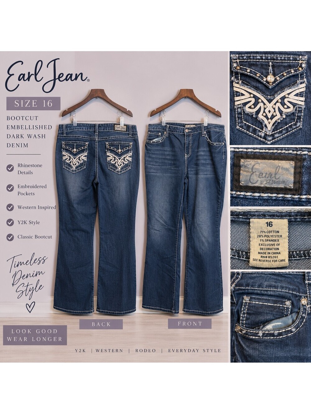 Earl Jean Size 16 Y2K Bling Bootcut Jeans Rhinestone Embellished Western Denim